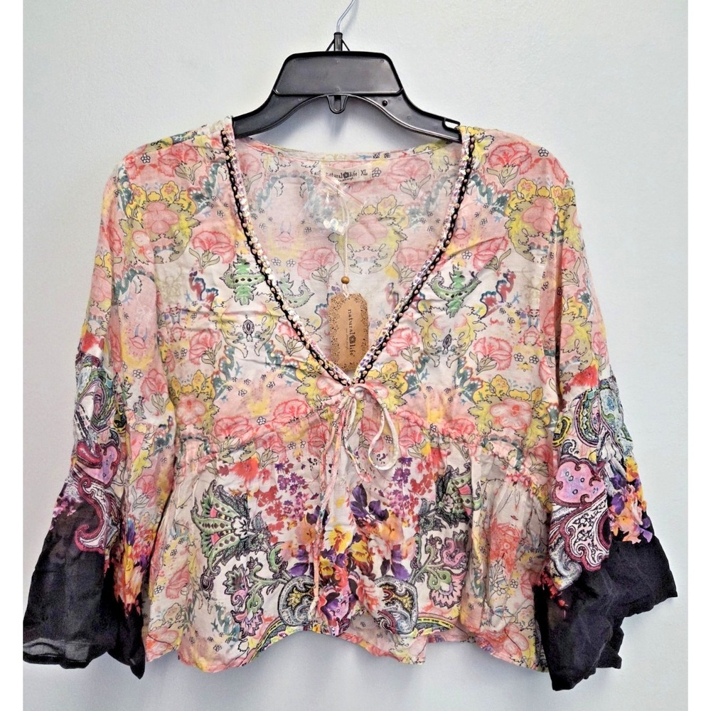 Natural Life Women's Embroidered Sequin XL Cotton Crop‎ Top Blouse Sheer NWT